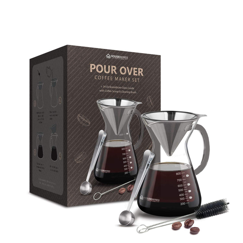 Pour Over Coffee Maker Set - 34 oz Glass Carafe, Stainless Steel Filter with Coffee Scoop and Cleaning Brush - NewNest Australia