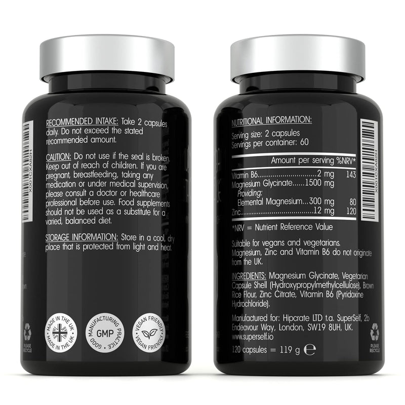 Magnesium Glycinate 300mg Capsules - Magnesium Bisglycinate Supplement with Zinc & Vitamin B6 - High Strength & Absorption - 120 Capsules - Chelated 1500mg Tablets Providing 300mg Magnesium - UK Made - NewNest Australia