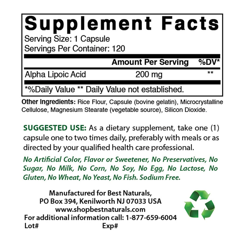 Best Naturals Alpha Lipoic Acid 200 Mg 120 Capsules 120 Count (Pack of 1) - NewNest Australia
