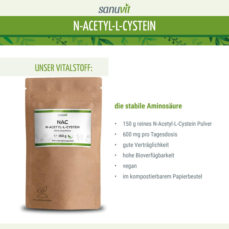 Sanuvit® - NAC powder | 150g per bag | 6 month supply | N-Acetyl-L-Cysteine | High bioavailability and tolerability | Vegan | Made in Austria - NewNest Australia