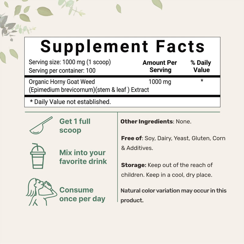 Maximum Strength Organic Pure Horny Goat Weed with Active Icarrins for Men and Women, 100 Grams, Organic Epimedium Powder for Energy and Immune System Booster, Filler Free and Vegan Friendly - NewNest Australia