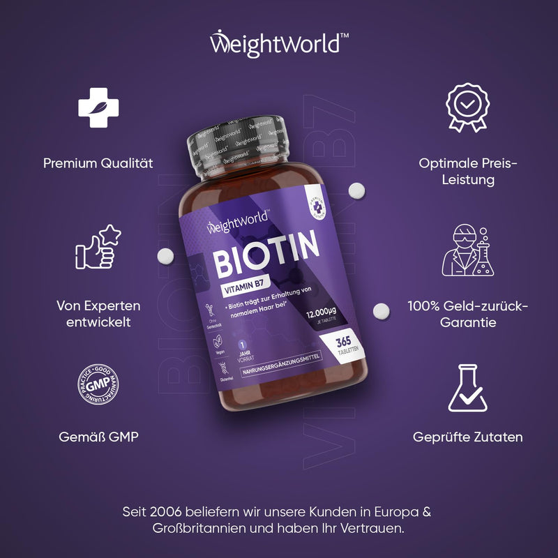 Biotin tablets - 12,000μg pure biotin for hair, skin and beard growth - 1 year supply with 365 vegan tablets - Vitamin B7 - Tested D-biotin (vitamin H) for women and men - From WeightWorld - NewNest Australia