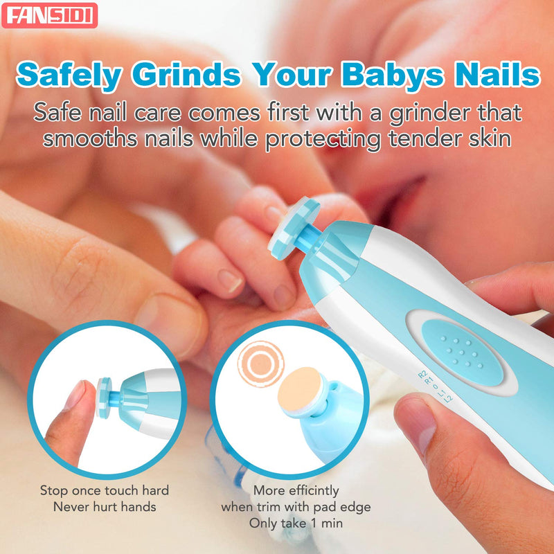 Baby Nail Trimmer, FANSIDI Electric Baby Nail File Safe Clippers with 10 Grinding Pads 8 Sandpapers LED Light, Trim Polish Grooming Kit for Newborn Infant Toddler or Adults Toes Fingernails Care, Blue - NewNest Australia