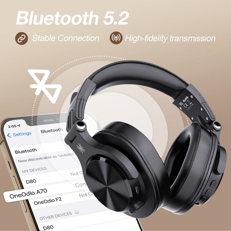 OneOdio A70 Bluetooth Headphones Over Ear, 72 Hrs Playtime, Monitor Level Stereo Sound Quality, Foldable Wireless＆Wired DJ Headphone, Professional Studio Headphones for DJ/TV/PC/Phone Black - NewNest Australia