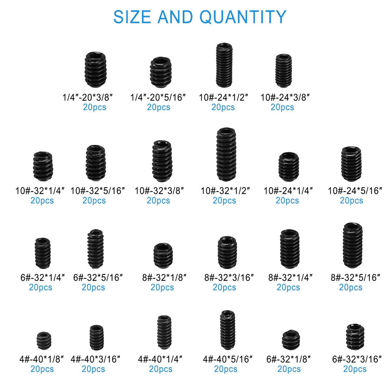 HanTof 440Pcs 22 Sizes,4#-40 to 1/4"-20 Standard SAE Allen Head Socket Hex Grub Screw Assortment Kit,Internal Hex Drive Cup-Point Set Screws Set with 5pcs Hex Wrenches,12.9 Class Alloy Steel-Black Black-440pcs SAE Set Screw - NewNest Australia