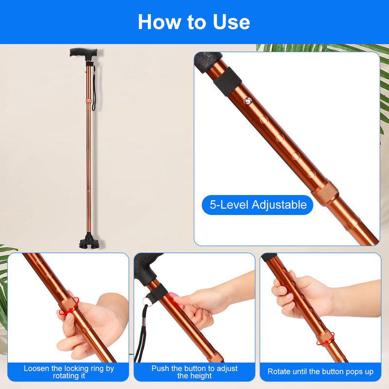 supregear Folding Cane, 5-Level Adjustable Folding Cane with T-Handle and Anti-lost Wrist Strap Non-Slip Self-Standing 4-Legged Rubber Support Collapsible Cane for Elderly Disabled Men Women Brown - NewNest Australia