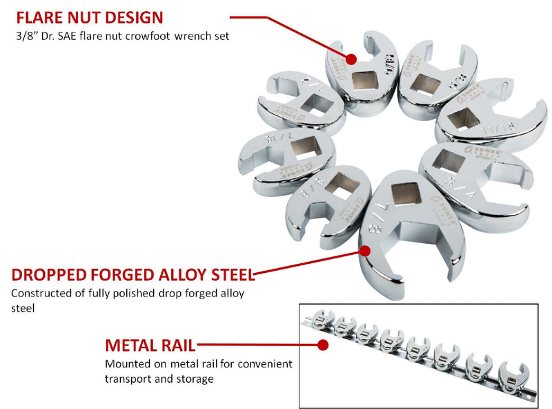 Sunex 9708 3/8-Inch Drive Fractional Crowfoot Flare Nut Wrench Set, 3/8-Inch - 7/8-Inch, Fully Polished, 8-Piece - NewNest Australia