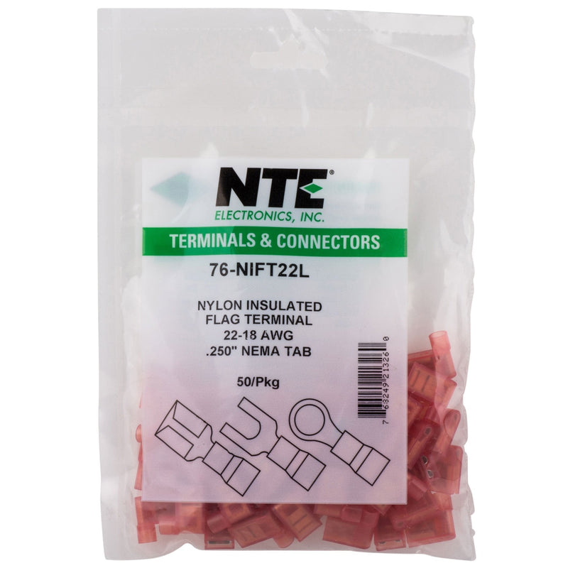 NYLON INSULATED FLAG TERMINAL 22-18AWG TIN PLATED BRASS 50/PKG - NewNest Australia