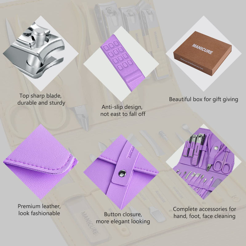 Manicure Set Professional Nail Clippers Pedicure Kit, 16 pcs Stainless Steel Nail Care Tools Grooming Kit with Luxurious Travel Leather Case for Thick Nails Men Women Gift (Violet) Violet - NewNest Australia