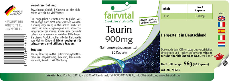 Fairvital | Taurine 900mg capsules - HIGH DOSE - VEGAN - 90 capsules - NewNest Australia