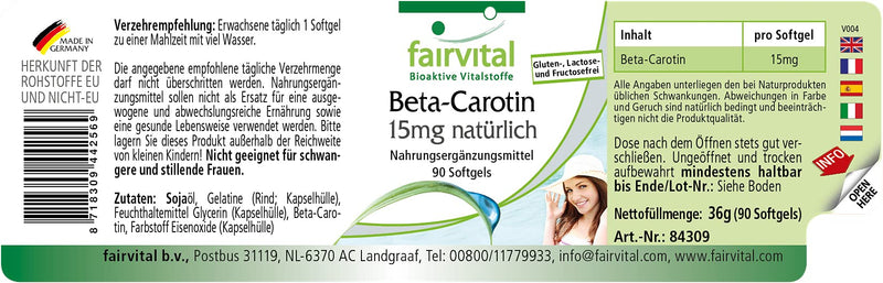 Fairvital | Beta carotene 25,000 IU - 15mg per capsule - HIGH DOSE - Provitamin A - 90 softgels - NewNest Australia