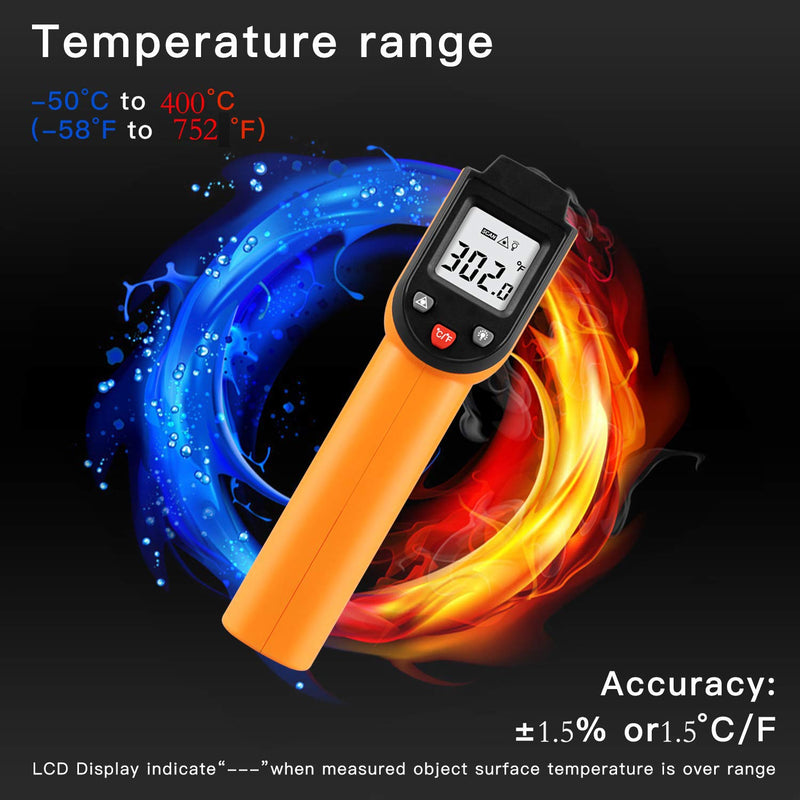 Laser Infrared Thermometer Non-Contact Digital Temperature Gun，-50°C to 400°C(-58°F to 752°F) IR Thermometer for Industrial,Kitchen Cooking,Ovens (Orange) - NewNest Australia