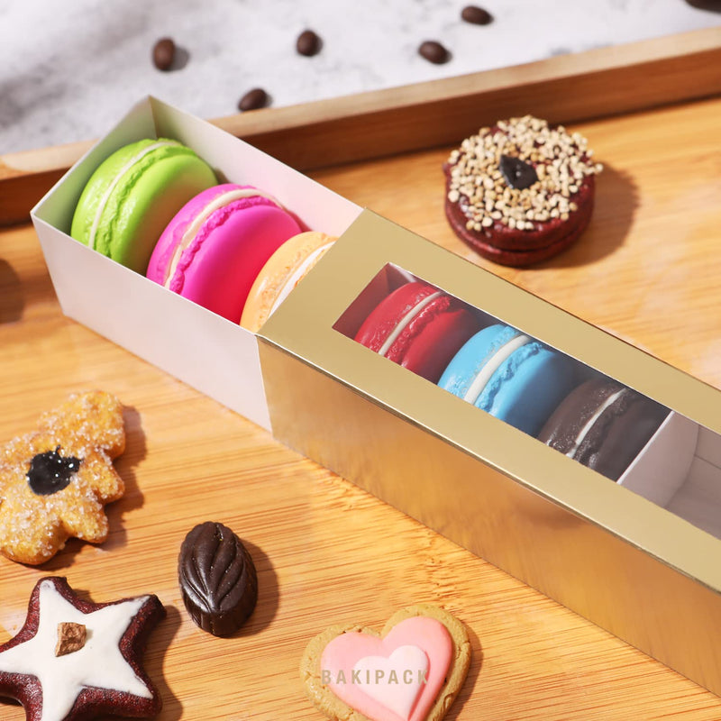 BAKIPACK 25 Macaron Boxes for 6 Macarons Gold Macaron Boxes with Interior Measurement 7.3" x 1.9" x 1.9" Macarons Gift Box with Clear Window (without Macaron inside) - NewNest Australia