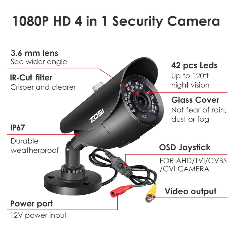 ZOSI 1080P HD 1920TVL Hybrid 4-in-1 TVI/CVI/AHD/960H CVBS CCTV Surveillance Weatherproof Bullet Security Camera 42PCS Infrared LEDs, 120ft IR Distance, For HD-TVI, AHD, CVI, and CVBS/960H analog DVR Black - NewNest Australia