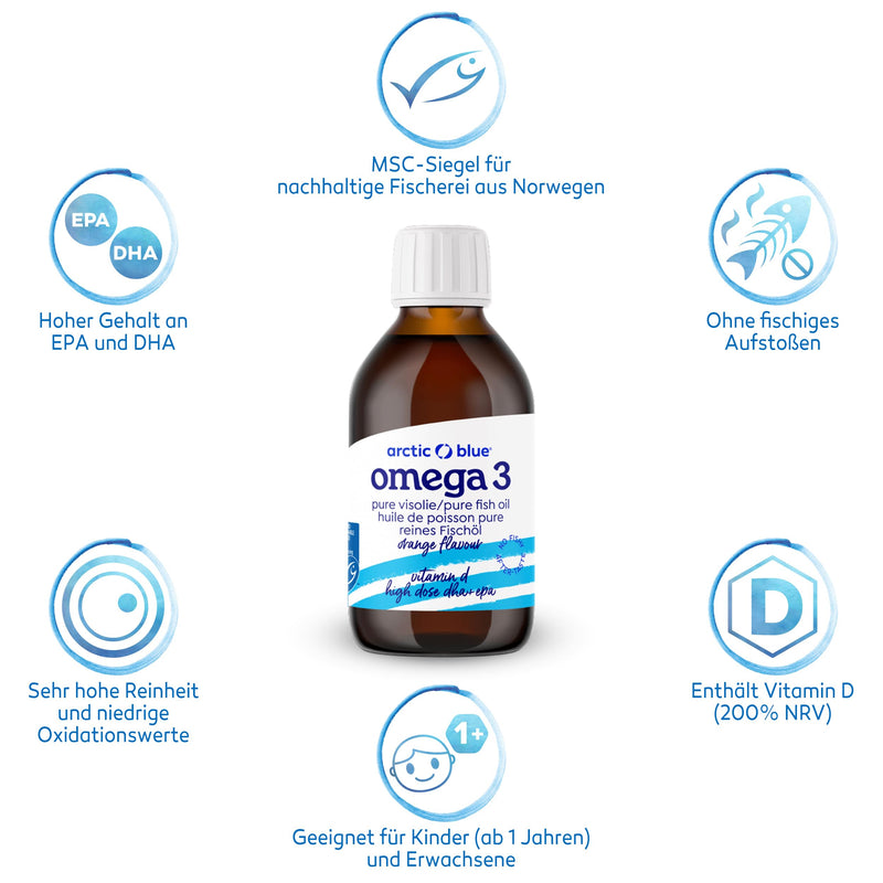 Arctic Blue Omega 3 fish oil - 250 ml liquid - high dose with DHA, EPA and vitamin D - without burping or fishy smell - arctic fish oil - MSC certified - orange flavor - NewNest Australia