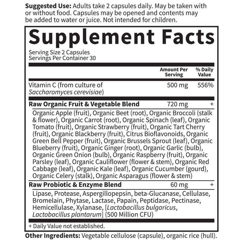 Garden of Life Whole Food Vitamin C Code Raw Capsules, 500mg, Fruit & Veggie Blend, Probiotics Supplements for Adults, Vegan, Gluten Free, Orange, 60 Count 60 Count (Pack of 1) - NewNest Australia