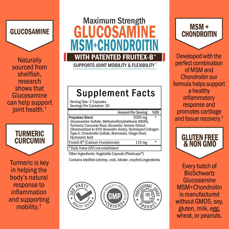 Glucosamine Chondroitin MSM Triple Strength Joint Supplement with Collagen Turmeric Curcumin - Supports Healthy Inflammatory Activity & Joint Hip Back Knees Hands Health for Seniors & Adults - 90Ct - NewNest Australia