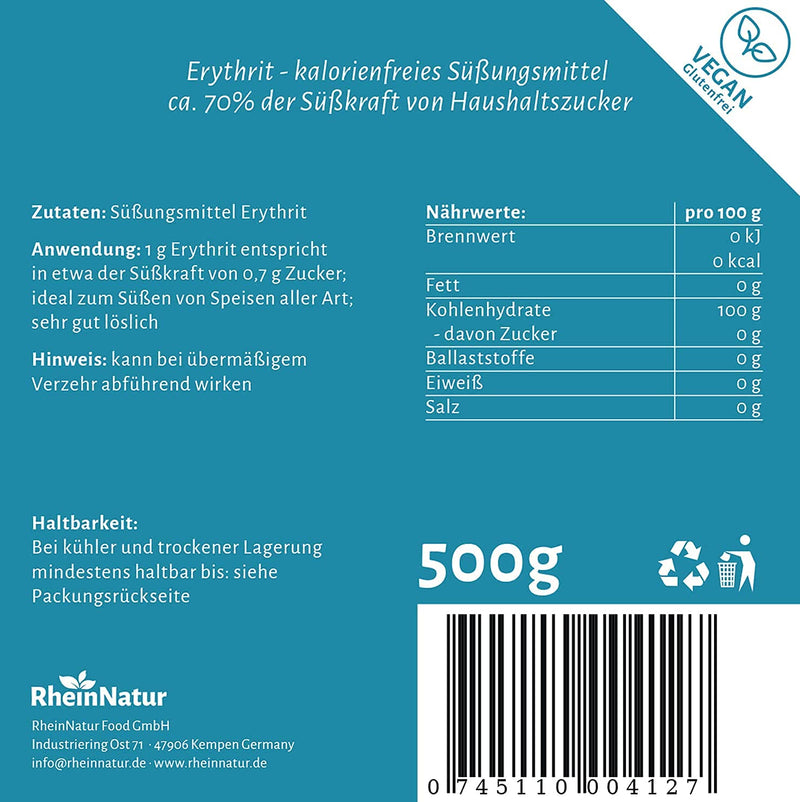 Rheinnatur Erythritol 500 G - Sugar Substitute Without Calories With 70% Of The Sweetening Power Of Sugar - Vegan, Gluten-Free & Suitable For Diabetics 500 G (Pack Of 1) - NewNest Australia