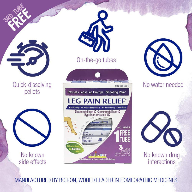 Boiron Leg Pain Relief, 3 Pack of 80-Pellet Tubes, Zincum metallicum 6C Cuprum mettalicum, 6C Hypericum perforatum 30C, Homeopathic Medicine to Relieve Restless Legs Leg Cramps and Shooting Pain, Blue - NewNest Australia