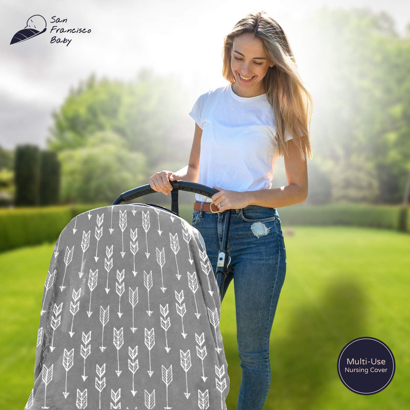 Cotton Nursing Cover - Large Breastfeeding Cover with Built-in Burp Cloth & Pocket - Soft, Breathable, Chemical-Free, 360° Coverage, Gray Nursing Cover for Breastfeeding by San Francisco Baby Luxury Gray - NewNest Australia