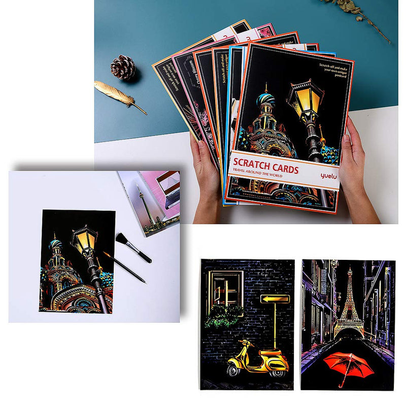 Scratch&Sketch Art Paper(A4) for Kids&Adults, Rainbow Painting Night View Scratchboard, Art&Craft, Engraving Art Set: 4 Scratch Cards & Scratch Drawing Pen, Clean Brush (Street Corner) Street Corner - NewNest Australia