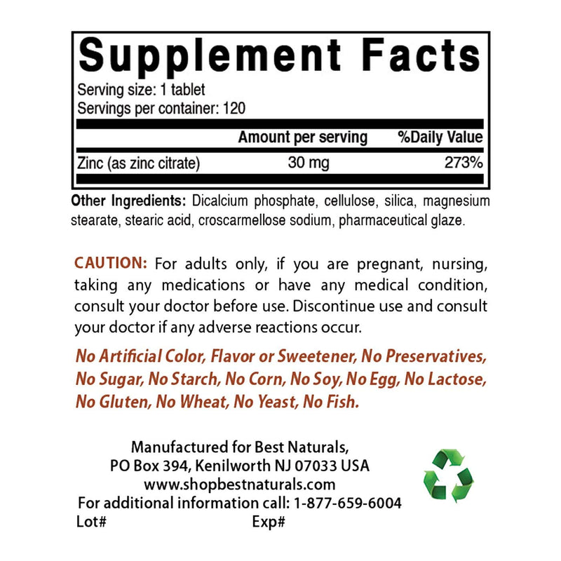 Best Naturals Zinc 30mg Supplements (as Zinc Citrate) - zinc Vitamins for Adults Immune Support - 120 Tablets - NewNest Australia