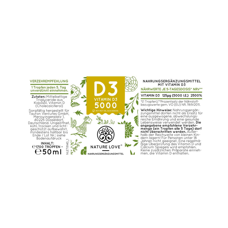 Nature Love Vitamin D3 5000 (50 Ml Liquid) - Laboratory Tested 5000 Iu. (125 Œºg) Per Drop - In Mct Oil From Coconut - High Quality: Very High Stability - High Dosage, Produced In Germany - NewNest Australia