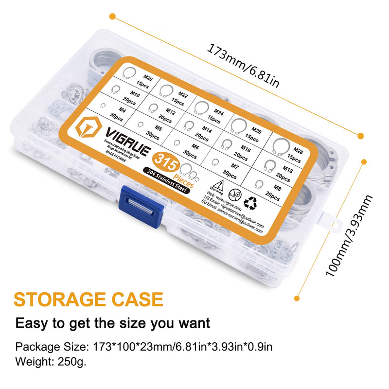 VIGRUE 315Pcs External Retaining Rings Snap Rings Assortment kit 304 Stainless Steel External Circlip Snap External Retaining C-Clips Rings Set, 15 Sizes (304 Stainless Steel Circlip) 304 Stainless Steel Circlip - NewNest Australia