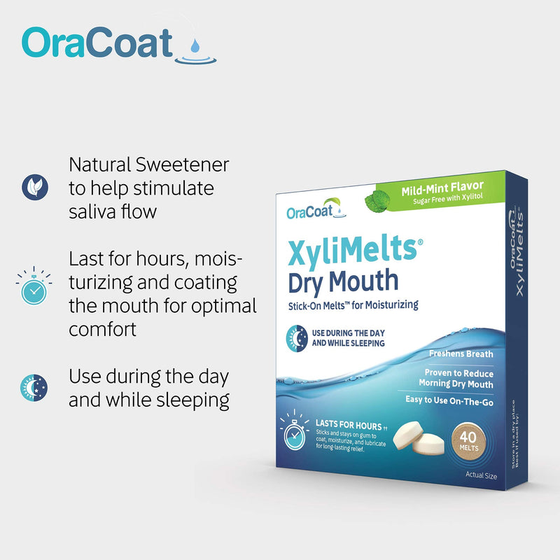 OraCoat XyliMelts Dry Mouth Relief Moisturizing Oral Adhering Discs Mild Mint with Xylitol, for Dry Mouth, Stimulates Saliva, Non-Acidic, Day and Night Use, Time Release for up to 8 Hours, 40 Count 40 Count (Pack of 1) - NewNest Australia