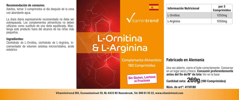 L-Ornithine & L-Arginine - 180 tablets - 2100 mg amino acids per daily dose - vegan - high dosage | Vitamintrend® - NewNest Australia