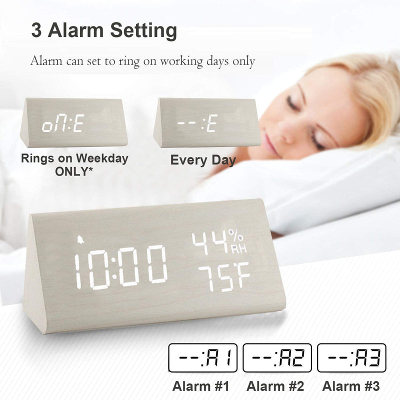 NewNest Australia - 【2020 Upgraded】 Digital Wooden Alarm Clock, with 3 Alarm Settings, Electronic LED Time Display, 3 Level Brightness & Temperature, Good for Bedroom, Bedside, Desk, Office, Kids and Families, White 