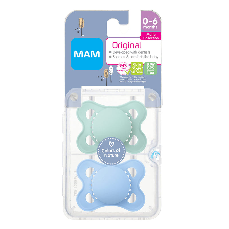 MAM Original Matte Baby Pacifier, Nipple Shape Helps Promote Healthy Oral Development, Sterilizer Case, 2 Pack, 0-6 Months, Boy Boy 1 0-6 Month - NewNest Australia