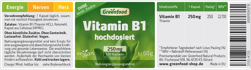 Greenfood - Vitamin B1 capsules - 250 mg - High dosage - 120 vegan tablets - Without artificial additives and genetic engineering 120 pieces (pack of 1) - NewNest Australia
