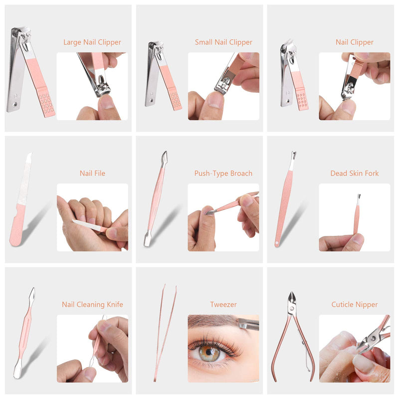 URAQT Nail Clippers, 18 pcs Manicure Pedicure Set, Nail Scissors Cuticle Remover for Men Women, Stainless Steel Nail Care Grooming Kit with Leather Case for Travel & Home A-Pink - NewNest Australia