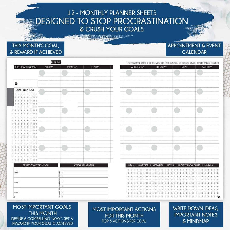 Harmony Goal Planner - A 12 Month Journey to Bring Harmony in Your Life, Increase Productivity, Passion, Success & Happiness - Life Planner, Habit-Tracker, Gratitude Journal & Organizer Dark Blue - NewNest Australia