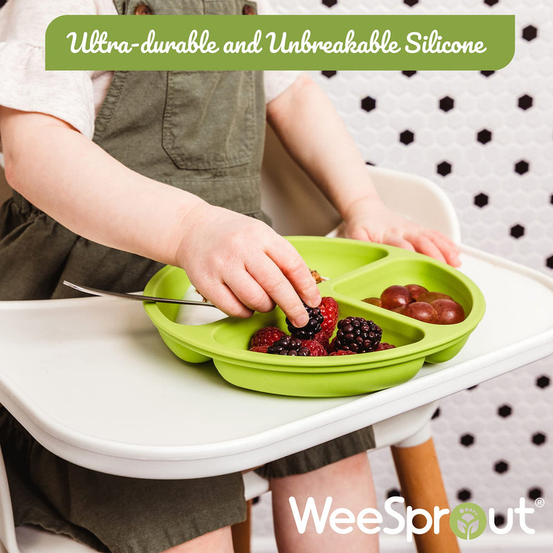 WeeSprout 100% Silicone Plates for Toddlers | 3 Pc Set | Divided Baby Plates | Non-Toxic, BPA Free | Dishwasher & Microwave Friendly | Skidproof & Unbreakable| Silicone Kids Plates with Dividers Bright Green, Blue & Grey Without Lids - NewNest Australia
