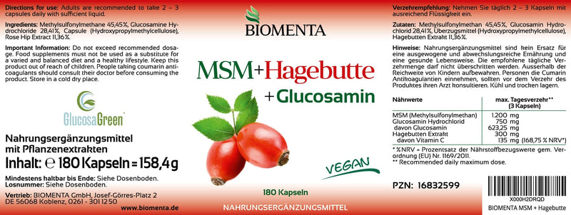 BIOMENTA MSM + Rosehip + Glucosamine - 180 allergen-free MSM capsules high dosage with 1,200mg sulfur powder + 750mg glucosamine HCl + 300mg rosehip extract/day - vegan - premium quality - NewNest Australia