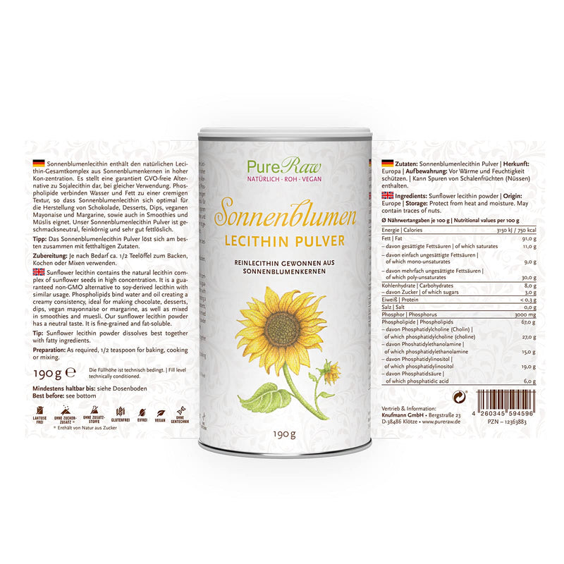 Sunflower Lecithin Powder for Cooking & Baking - Sunflower Lecithin Powder, Vegan Phosphatidylcholine Emulsifier Fine Granules Lecithin Sunflowers - Sunflower Lecithin Powder | PureRaw 190g 190g (pack of 1) - NewNest Australia
