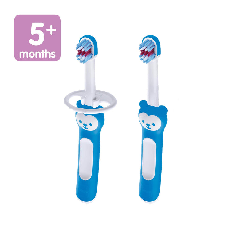 MAM Learn to Brush Set (1 Baby's Brush Toothbrush, 1 Training Brush, 1 Safety Shield), Baby Toothbrushes with Brushy The Bear, Interactive App, for Boys 5+ Months, Blue - NewNest Australia