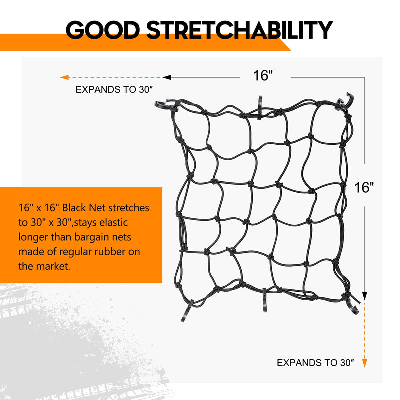 16" x 16" Heavy Duty Bungee Cargo Net Stretches to 30" x 30"-Latex Truck Bed Mesh,Luggage Tie-Down Net with 6Pcs Free Adjustable Hooks Motorcycle Bike Roof ATV SUV Trailer 16" x 16" - NewNest Australia