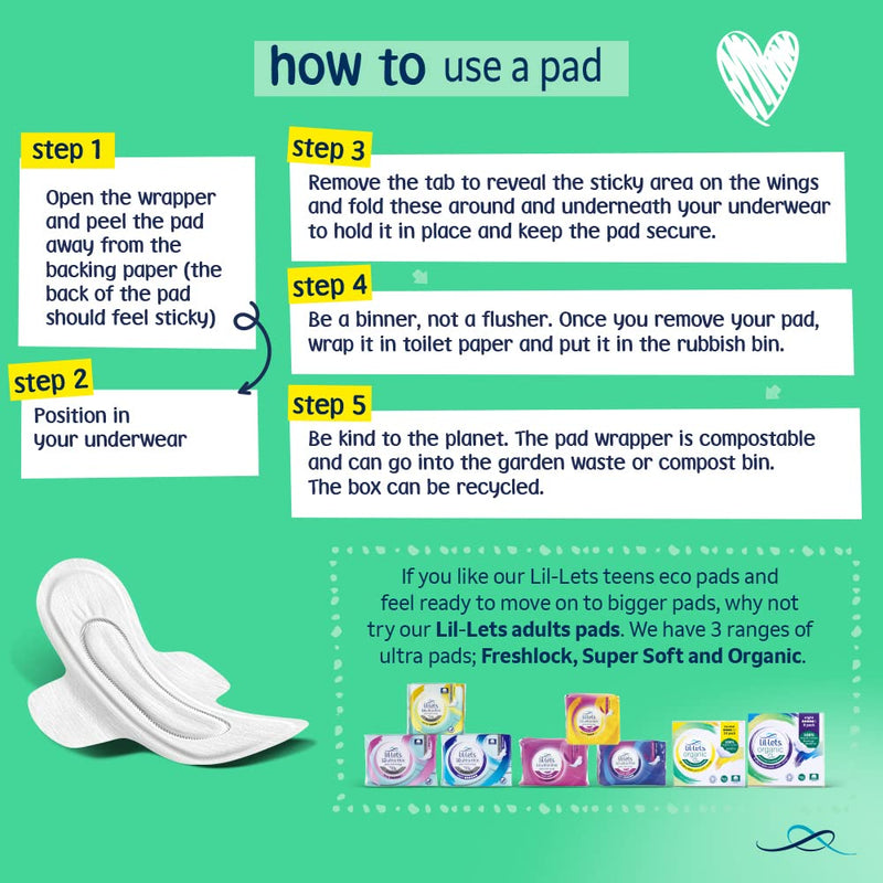 Lil-Lets Teens Eco Day Pads X 40 | Petite Towels for Girls & Teenagers | with Wings | Plant-Based Materials | Contains Sustainable Bamboo | Light to Medium Flow - NewNest Australia