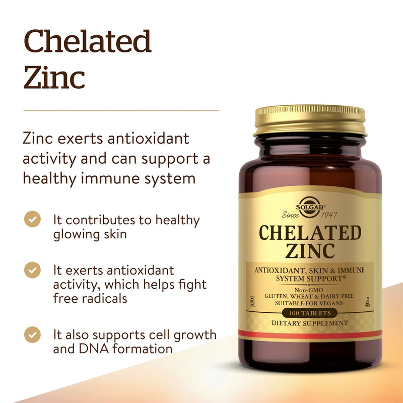 Solgar Chelated Zinc, 100 Tablets - Zinc for Healthy Skin - Supports Cell Growth & DNA Formation - Exerts Antioxidant Activity - Supports A Healthy Immune System - Non GMO, Gluten Free - 100 Servings 100 Count (Pack of 1) Standard Packaging - NewNest Australia