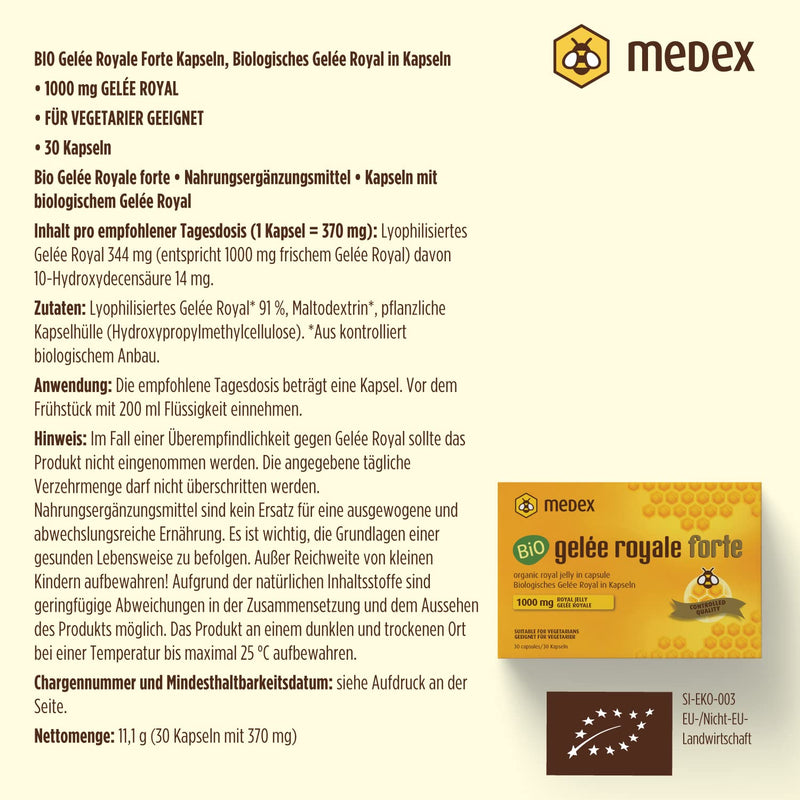 Medex Organic Royal Jelly FORTE, high dosage 1000 mg Royal Jelly, lyophilized, dry form, clinically proven results, 30 capsules, 30 days of use - NewNest Australia