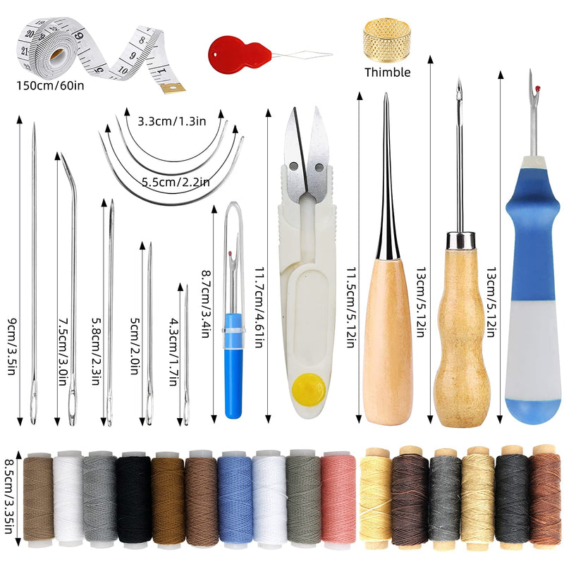 34 PCS Basic Leather Sewing Kit: Upholstery Thread Cord, Leather Waxed Thread with Sewing Awl, Seam Ripper, Tape Measure Large-Eye Stitching Needles for DIY Leather Craft Repair - NewNest Australia