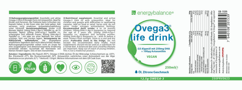 Ovega3 life drink 250ml - DHA algae oil with lime flavor and astaxanthin - top absorption capacity - Omega-3 for children - with natural antioxidant - free of harmful substances - vegan - gluten-free - NewNest Australia