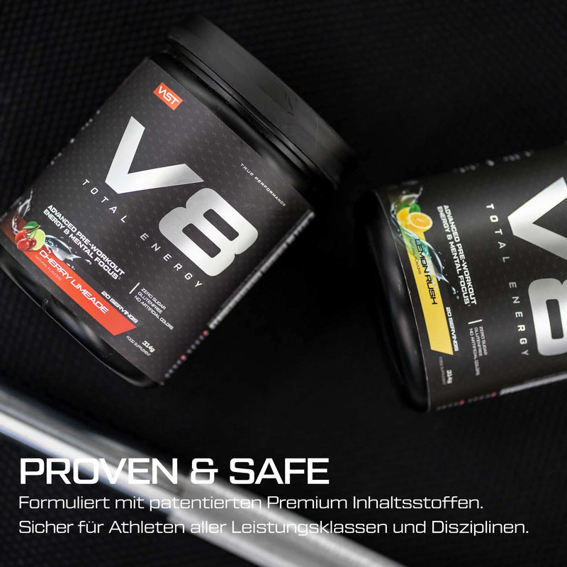 V8 Total Energy - Pre Workout Booster - Training Booster - CarnoSyn®, BetaPower®, Natural Caffeine - Vegan - Sugar Free - 20 Servings - Limited Edition - Tiger's Blood - NewNest Australia