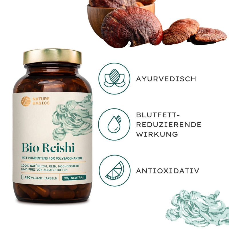 Nature Basics Organic Reishi Capsules With 40% Bioactive Polysaccharides, 120 Capsules Certified & Sustainable In Glass, 500 Mg Per Capsule, Laboratory-Tested, Vegan, From Germany, No Additives & Co2 - NewNest Australia