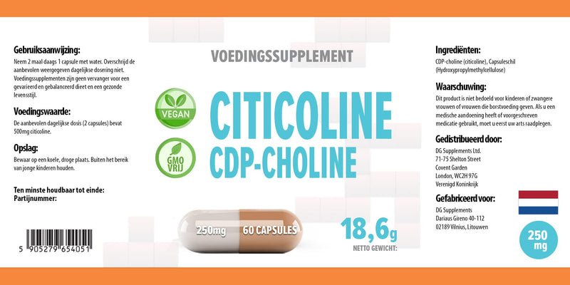 Citicoline CDP Choline 250mg 60 Vegan Capsules, Laboratory Tested, High Strength, No Fillers or Bulkers, No GMOs - NewNest Australia
