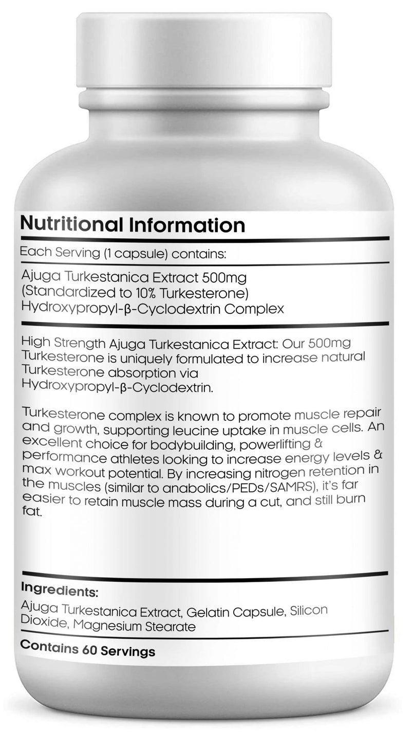 Turkesterone | High Strength 500mg | Anabolic Testosterone Supplement with Hydroxypropyl-β-Cyclodextrin | Ajuga Turkestanica Extract | | Promotes Strength & Muscle Growth - 60 Capsules - NewNest Australia