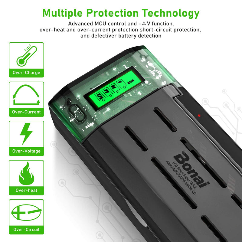 BONAI LCD Universal Battery Charger for AA, AAA, C, D, 9V Ni-MH Ni-CD Rechargeable Batteries with Discharge Function Black - NewNest Australia